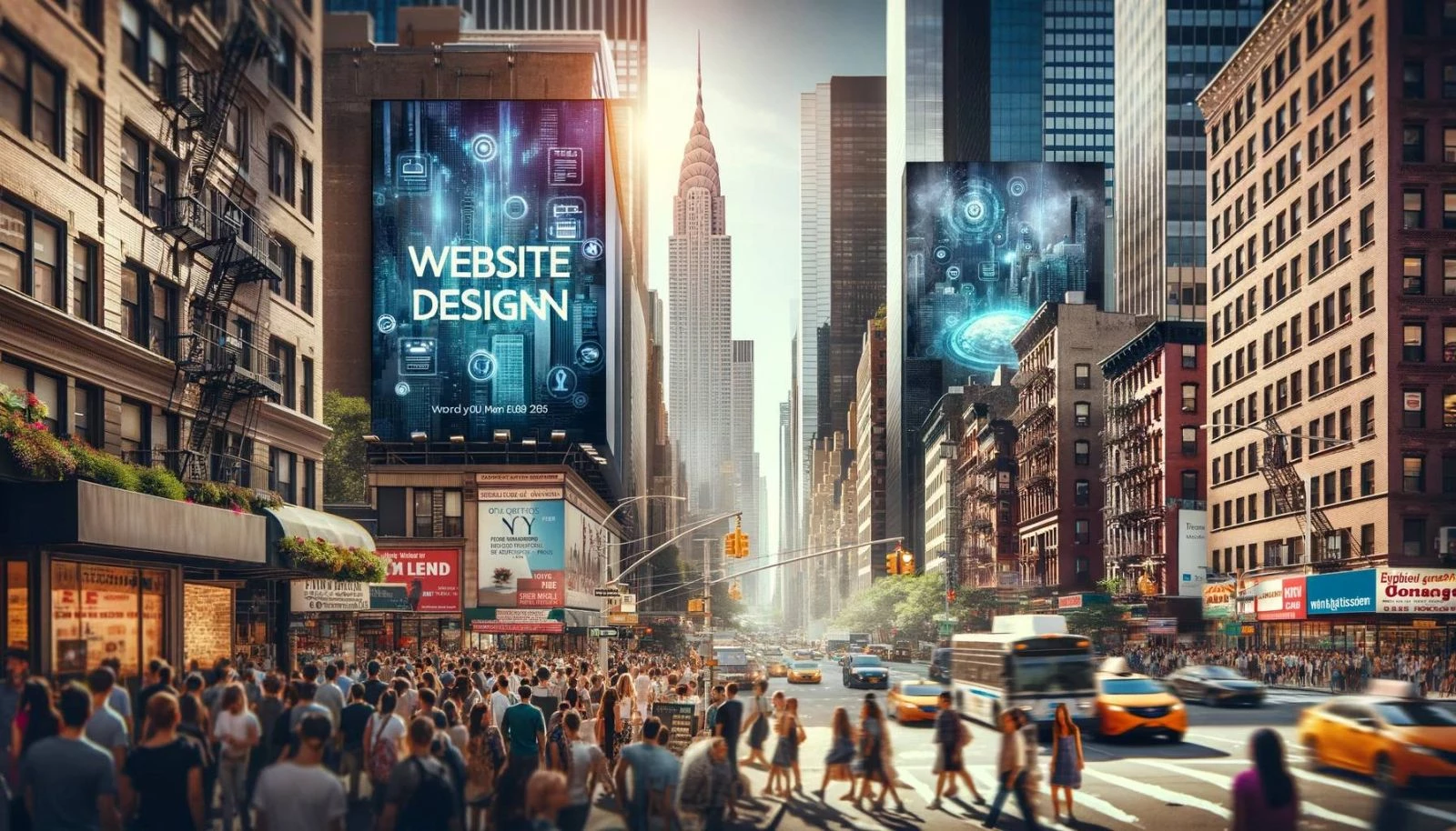 A bustling New York City street with diverse crowds, skyscrapers, and digital billboards advertising website design services