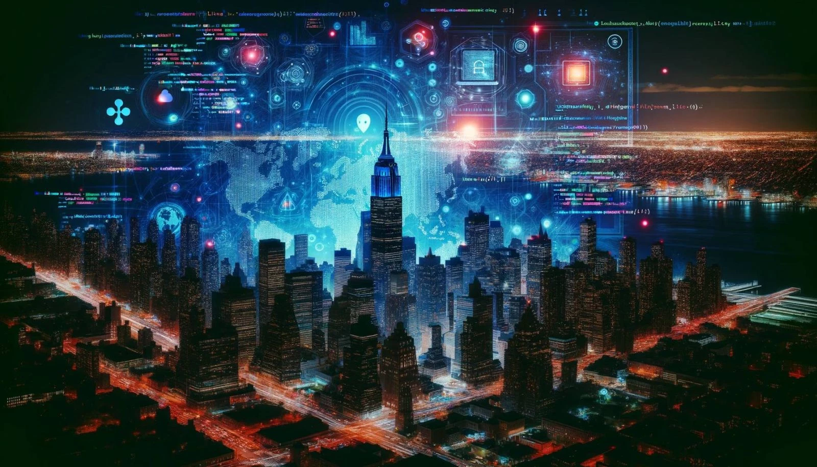 A creative representation of a vibrant NYC at night with digital coding elements, signifying the endless possibilities with custom Laravel solutions in the city