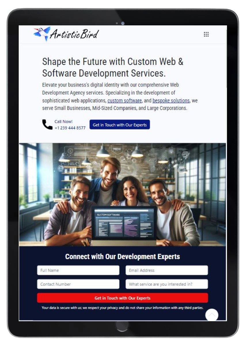 A dynamic team collaborates around a laptop, displaying innovative web development solutions, in a modern, sunlit office space.